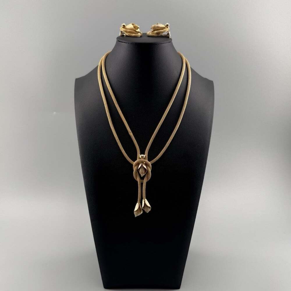Vintage Kramer NY Gold Mesh Knot Floral Tassel Necklace Clip On Earrings Signed